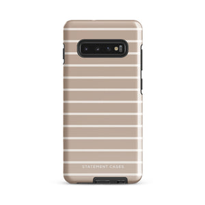 A beige smartphone case with horizontal white stripes is shown. The impact-resistant, dual-layer design provides added protection, with cutouts for the camera and flash. The brand "Statement Cases" is printed in white at the bottom. This product is named "Au Naturale for Samsung.