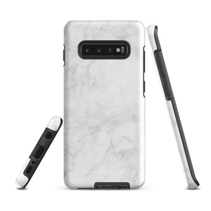 A dual-layer design smartphone case with a white marble pattern features three large camera lenses and a smaller one on the back. "Statement Cases" is subtly printed near the bottom. The minimalistic, matte finish offers impact-resistant protection with style.