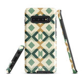 A smartphone with a dual-layer design case featuring a mix of green, beige, and tan shapes. The Old World Mosaic for Samsung has a "Statement Cases" logo at the bottom and is impact-resistant, ensuring your phone with its quad-camera setup stays protected.