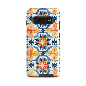 The Mediterranean Bloom for Samsung by Statement Cases features intricate, colorful floral patterns in blue, orange, and yellow. The design covers the entire back of the case, surrounding the camera cutout. Shock-absorbing and impact-resistant, it ensures protection while the brand "Statement Cases" is subtly printed near the bottom.