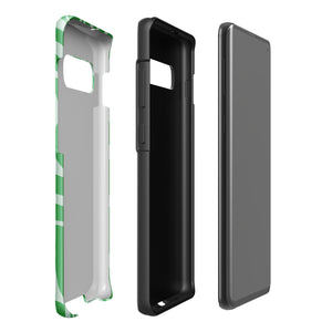 The Selva Verde for Samsung, a product by Statement Cases, is a durable, dual-layer phone case adorned with a green and white leafy design. The back of the case includes a camera cutout, and the bottom is printed with "Statement Cases.