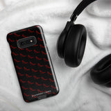 The Saucy Stillettos for Samsung features a case with a repeating red high heel pattern on a black background. The brand name "Statement Cases" is printed in white at the bottom of the tough phone case. The phone's multiple camera lenses are visible in the upper left corner, ensuring style meets durability.