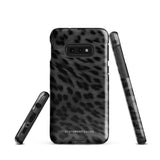 A Nocturnal Hunter Fur for Samsung with a black and gray leopard print phone case featuring a dual-layer design. The camera module has five lenses and a flash. The text "STATEMENT CASES" is written at the bottom of this impact-resistant case.