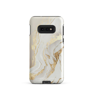 A Golden Elegance for Samsung is encased in a decorative, impact-resistant phone case with a marble-like design featuring white, beige, and gold swirls. The tough phone case covers the back and sides, with precise cutouts for the four-lens camera and buttons. The brand "Statement Cases" is printed at the bottom.