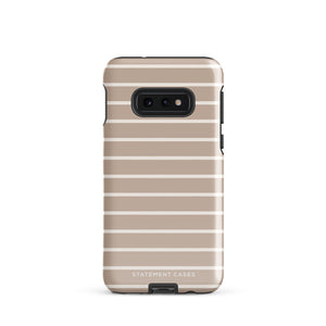 A smartphone case with a beige and white horizontal stripe pattern. The Au Naturale for Samsung impact-resistant case features cutouts for the camera and ports, with a label near the bottom reading "Statement Cases.
