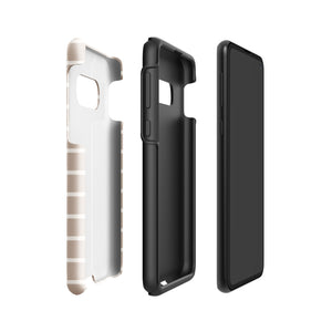 Three separated layers of an Au Naturale for Samsung by Statement Cases and a phone in a side-by-side view. The first layer is white with a striped pattern, the second layer is black, showcasing the dual-layer design, and the third item is the phone with a blank screen.