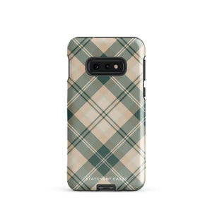 A dual-layer phone case featuring a checked plaid design in shades of green, beige, and white. The pattern consists of intersecting horizontal and vertical lines forming squares and diamonds. This impact-resistant Aristocrats Plaid for Samsung from Statement Cases is shown on a white background.