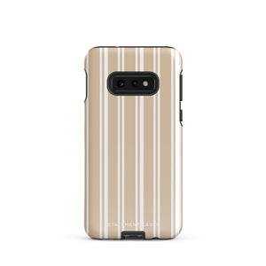 A smartphone with a beige and white striped, shock-absorbing phone case. The case has cutouts for the camera lenses and buttons on the left side. The lower part of the case features a small logo that reads "Statement Cases" — this is the Estate Stripe for Samsung by Statement Cases.