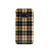 A dual-layer design phone case with a plaid pattern in shades of black, beige, and tan. Its impact-resistant build ensures durability while the camera cutout perfectly fits multiple lenses in the upper left corner. "Rich Espresso Tartan for Samsung" by Statement Cases is printed at the bottom against a white background.