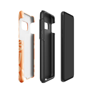 This stylish smartphone accessory, the Savannah Ardiente for Samsung by Statement Cases, features a shock-absorbing, colorful patterned case adorned with abstract flower designs in beige on an orange background. This impact-resistant phone case wraps around the back of your device, providing robust protection for its multiple camera lenses in the corner.