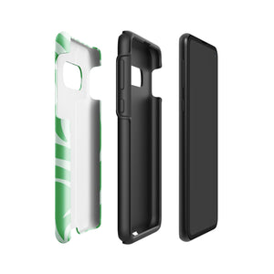 The Selva Verde for Samsung, a product by Statement Cases, is a durable, dual-layer phone case adorned with a green and white leafy design. The back of the case includes a camera cutout, and the bottom is printed with "Statement Cases.