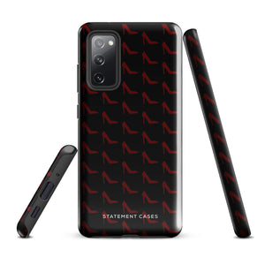 The Saucy Stillettos for Samsung features a case with a repeating red high heel pattern on a black background. The brand name "Statement Cases" is printed in white at the bottom of the tough phone case. The phone's multiple camera lenses are visible in the upper left corner, ensuring style meets durability.