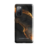 A **Midnight Volcano Marble for Samsung** with a sleek, black and gold marble-patterned, dual-layer design case by **Statement Cases**. The impact-resistant case features fluid, abstract swirls of black and gold, creating an elegant look. The camera module at the top left has five lenses.