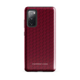 A Rockstar Red for Samsung, shock-absorbing phone case by Statement Cases for a multi-lens smartphone, featuring a subtle pattern of small phone cases with glasses and the brand name "Statement Cases" imprinted at the bottom. The impact-resistant phone case is displayed against a plain white background.