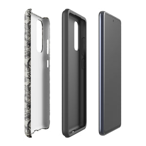 A phone case with a protective dual-layer design featuring an intricate black floral lace pattern. The Omerta Floral for Samsung has four camera cutouts and the brand name "Statement Cases" appears at the bottom center. Impact-resistant and chic, it stands against a plain white background.