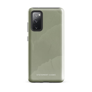 A Pistachio Haze for Samsung with a green phone case featuring a subtle floral pattern. This tough phone case has cutouts for three cameras and a flash, with the brand name "Statement Cases" printed at the bottom. The side buttons are visible, and there's a port at the bottom for easy access.