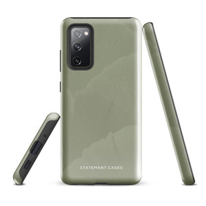 A Pistachio Haze for Samsung with a green phone case featuring a subtle floral pattern. This tough phone case has cutouts for three cameras and a flash, with the brand name "Statement Cases" printed at the bottom. The side buttons are visible, and there's a port at the bottom for easy access.