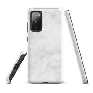 A dual-layer design smartphone case with a white marble pattern features three large camera lenses and a smaller one on the back. "Statement Cases" is subtly printed near the bottom. The minimalistic, matte finish offers impact-resistant protection with style.