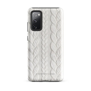 A stylish, impact-resistant phone case with a textured white braided design, covering the back of a smartphone. The dual-layer design features cutouts for the camera and buttons, and "Cozy Knit Bliss for Samsung" by Statement Cases is embossed at the bottom.