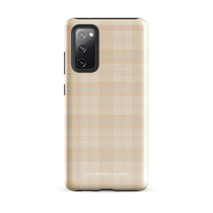 A smartphone with an impact-resistant beige plaid phone case featuring subtle light blue accents. The camera, flash, and sensor modules are visible at the top. The bottom part of the case has the text "Sophisticated Plaid for Samsung" printed on it by Statement Cases.