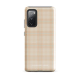 A smartphone with an impact-resistant beige plaid phone case featuring subtle light blue accents. The camera, flash, and sensor modules are visible at the top. The bottom part of the case has the text "Sophisticated Plaid for Samsung" printed on it by Statement Cases.