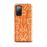 This stylish smartphone accessory, the Savannah Ardiente for Samsung by Statement Cases, features a shock-absorbing, colorful patterned case adorned with abstract flower designs in beige on an orange background. This impact-resistant phone case wraps around the back of your device, providing robust protection for its multiple camera lenses in the corner.