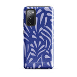 The Mariposa Azul for Samsung smartphone case from Statement Cases is adorned with an impact-resistant design featuring light purple abstract shapes on a blue background. This dual-layer case proudly displays the text "STATEMENT CASES" at the bottom, ensuring that the camera lenses and buttons of your phone remain clearly visible.