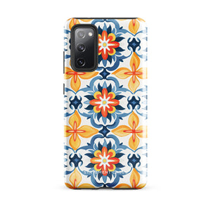 The Mediterranean Bloom for Samsung by Statement Cases features intricate, colorful floral patterns in blue, orange, and yellow. The design covers the entire back of the case, surrounding the camera cutout. Shock-absorbing and impact-resistant, it ensures protection while the brand "Statement Cases" is subtly printed near the bottom.