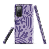 Introducing the Luna Morada for Samsung, a striking smartphone case from Statement Cases. This decorative purple cover boasts abstract floral and organic patterns in darker hues and is designed to absorb shocks. The impact-resistant case features a camera cutout that accommodates five lenses, with the brand name "STATEMENT CASES" elegantly printed at the bottom center.