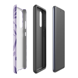 Introducing the Luna Morada for Samsung, a striking smartphone case from Statement Cases. This decorative purple cover boasts abstract floral and organic patterns in darker hues and is designed to absorb shocks. The impact-resistant case features a camera cutout that accommodates five lenses, with the brand name "STATEMENT CASES" elegantly printed at the bottom center.