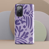 Introducing the Luna Morada for Samsung, a striking smartphone case from Statement Cases. This decorative purple cover boasts abstract floral and organic patterns in darker hues and is designed to absorb shocks. The impact-resistant case features a camera cutout that accommodates five lenses, with the brand name "STATEMENT CASES" elegantly printed at the bottom center.