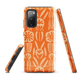 This stylish smartphone accessory, the Savannah Ardiente for Samsung by Statement Cases, features a shock-absorbing, colorful patterned case adorned with abstract flower designs in beige on an orange background. This impact-resistant phone case wraps around the back of your device, providing robust protection for its multiple camera lenses in the corner.