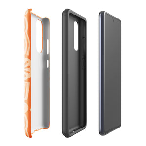 This stylish smartphone accessory, the Savannah Ardiente for Samsung by Statement Cases, features a shock-absorbing, colorful patterned case adorned with abstract flower designs in beige on an orange background. This impact-resistant phone case wraps around the back of your device, providing robust protection for its multiple camera lenses in the corner.