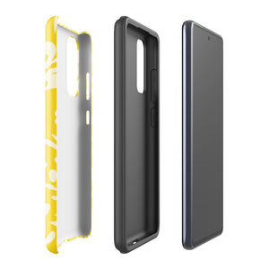 The Sol Dorado for Samsung by Statement Cases is a durable phone case featuring a bright yellow background adorned with an abstract white floral pattern, showcasing various flowers and leaves. Near the bottom edge, the text "STATEMENT CASE" highlights its dual-layer design for enhanced durability.