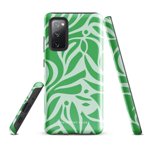 The Selva Verde for Samsung, a product by Statement Cases, is a durable, dual-layer phone case adorned with a green and white leafy design. The back of the case includes a camera cutout, and the bottom is printed with "Statement Cases.