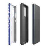 The Mariposa Azul for Samsung smartphone case from Statement Cases is adorned with an impact-resistant design featuring light purple abstract shapes on a blue background. This dual-layer case proudly displays the text "STATEMENT CASES" at the bottom, ensuring that the camera lenses and buttons of your phone remain clearly visible.