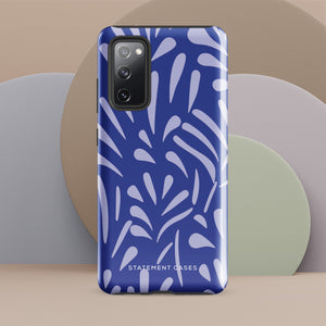 The Mariposa Azul for Samsung smartphone case from Statement Cases is adorned with an impact-resistant design featuring light purple abstract shapes on a blue background. This dual-layer case proudly displays the text "STATEMENT CASES" at the bottom, ensuring that the camera lenses and buttons of your phone remain clearly visible.