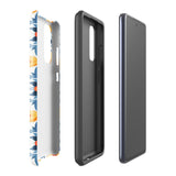 The Mediterranean Bloom for Samsung by Statement Cases features intricate, colorful floral patterns in blue, orange, and yellow. The design covers the entire back of the case, surrounding the camera cutout. Shock-absorbing and impact-resistant, it ensures protection while the brand "Statement Cases" is subtly printed near the bottom.