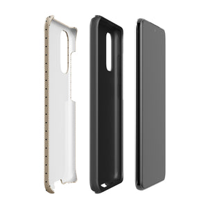 A stylish beige, shock-absorbing phone case with a perforated pattern, designed for a phone with four camera lenses. The dual-layer case has a textured surface and precise cutouts for the camera and buttons. The brand name "Statement Cases" is visible at the bottom of the impact-resistant Delicate Elegance for Samsung.