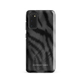 A tough smartphone with a black, textured case that has a silky, animal fur pattern. The dual-layer phone case has cutouts for the camera and side buttons, and the words "Statement Cases" are printed near the bottom.