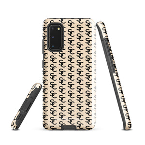 A beige smartphone case with a repeating black double-C logo pattern. The back of the impact-resistant phone case features camera cutouts aligned on the left side, accommodating what appears to be a multi-lens camera system. This is the Heritage Monogram for Samsung by Statement Cases.