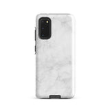 A dual-layer design smartphone case with a white marble pattern features three large camera lenses and a smaller one on the back. "Statement Cases" is subtly printed near the bottom. The minimalistic, matte finish offers impact-resistant protection with style.