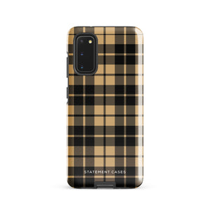 A dual-layer design phone case with a plaid pattern in shades of black, beige, and tan. Its impact-resistant build ensures durability while the camera cutout perfectly fits multiple lenses in the upper left corner. "Rich Espresso Tartan for Samsung" by Statement Cases is printed at the bottom against a white background.