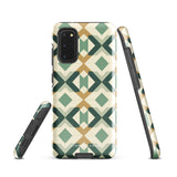 A smartphone with a dual-layer design case featuring a mix of green, beige, and tan shapes. The Old World Mosaic for Samsung has a "Statement Cases" logo at the bottom and is impact-resistant, ensuring your phone with its quad-camera setup stays protected.