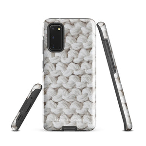 A Chunky Comfort for Samsung with a realistic knitted texture featuring white interwoven yarns. The impact-resistant case has multiple camera cutouts and a shock-absorbing dual-layer design. The brand name "Statement Cases" is printed at the bottom.