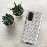 A Chunky Comfort for Samsung with a realistic knitted texture featuring white interwoven yarns. The impact-resistant case has multiple camera cutouts and a shock-absorbing dual-layer design. The brand name "Statement Cases" is printed at the bottom.