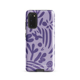 Introducing the Luna Morada for Samsung, a striking smartphone case from Statement Cases. This decorative purple cover boasts abstract floral and organic patterns in darker hues and is designed to absorb shocks. The impact-resistant case features a camera cutout that accommodates five lenses, with the brand name "STATEMENT CASES" elegantly printed at the bottom center.