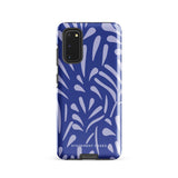 The Mariposa Azul for Samsung smartphone case from Statement Cases is adorned with an impact-resistant design featuring light purple abstract shapes on a blue background. This dual-layer case proudly displays the text "STATEMENT CASES" at the bottom, ensuring that the camera lenses and buttons of your phone remain clearly visible.