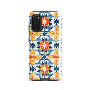 The Mediterranean Bloom for Samsung by Statement Cases features intricate, colorful floral patterns in blue, orange, and yellow. The design covers the entire back of the case, surrounding the camera cutout. Shock-absorbing and impact-resistant, it ensures protection while the brand "Statement Cases" is subtly printed near the bottom.