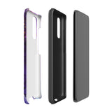 The Golden Orchid Marble for Samsung by Statement Cases is a smartphone adorned with a vibrant, abstract phone case showcasing a mix of purple, pink, and gold colors. Crafted from impact-resistant materials, it features a camera module with four lenses and a flash. At the bottom of the shock-absorbing phone case, you’ll find the text "STATEMENT CASES" in white.